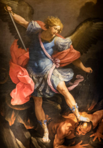 Michael the Archangel getting ready to dispatch Satan
